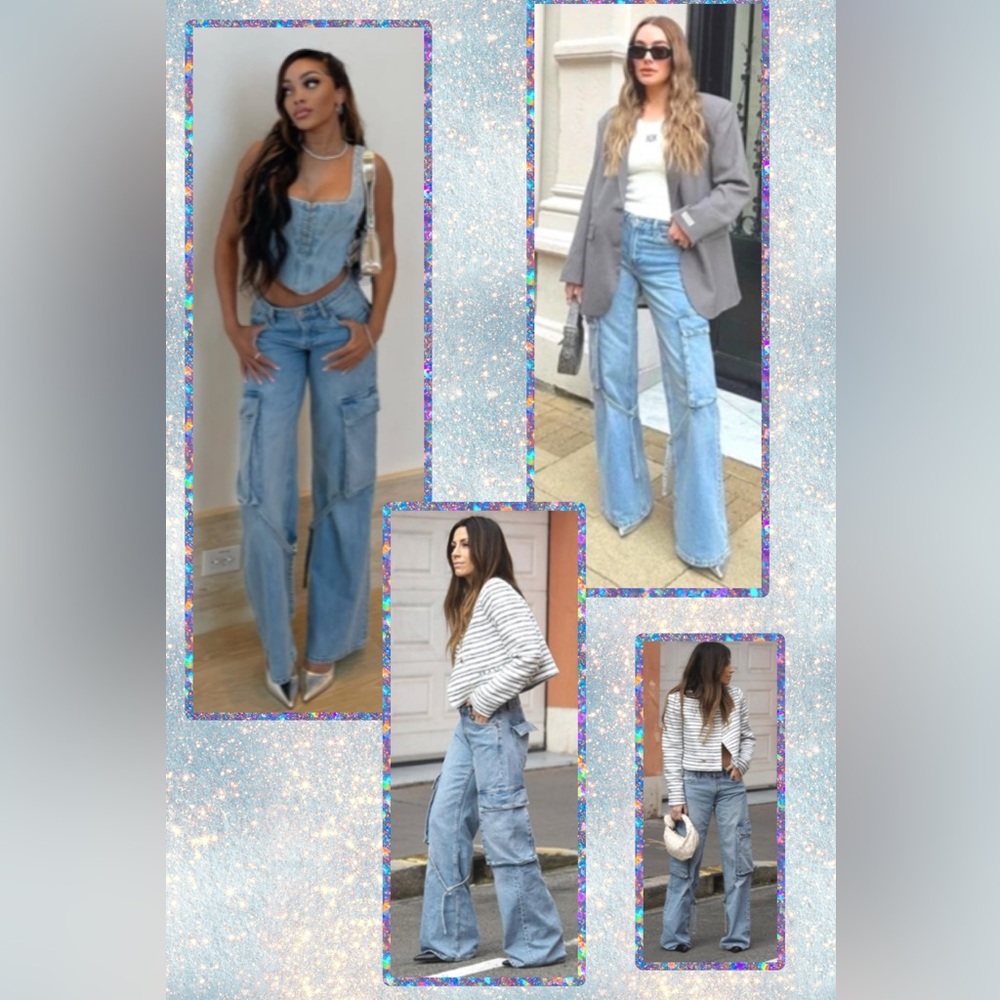 ZARA✨Cargo Jeans U.S. Women’s 6 Baggy Low Waisted Pockets Med Blue - Picture 3 of 16